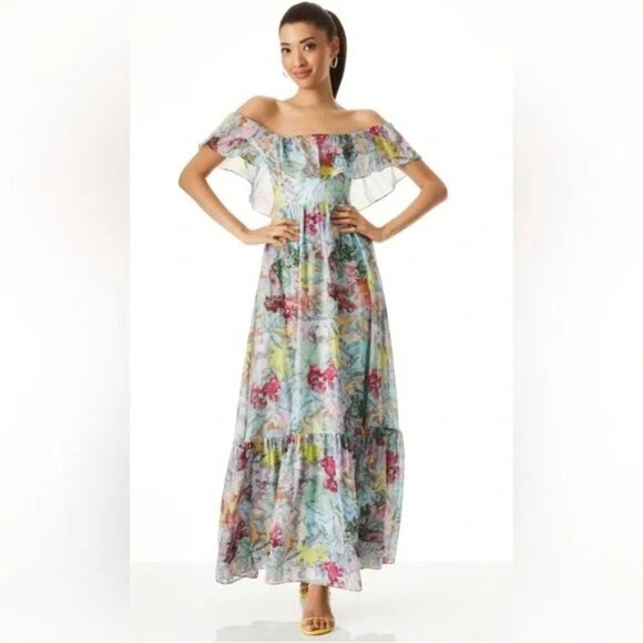 NWT ALICE + OLIVIA X Lola Schnabel Tempie Ruffle Off Shoulder Maxi Dress Size 2 - Picture 5 of 10